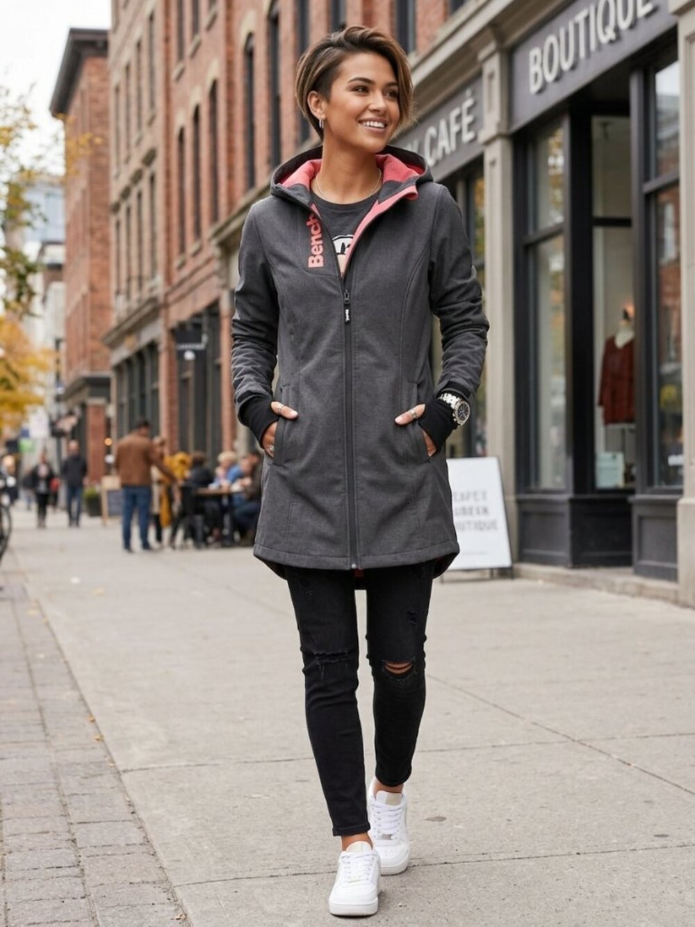 BENCH Charcoal Grey Hooded Softshell Jacket Pink Lining Size Medium